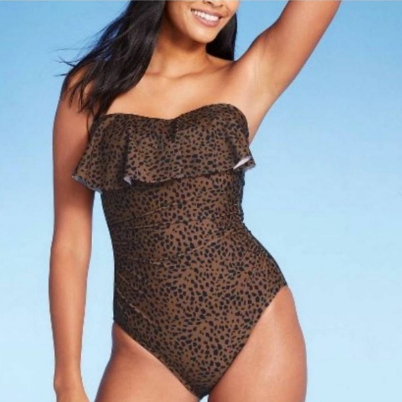 Kona Sol Other - Kona Sol Bandeau Flounce Full Coverage One Piece Swimsuit in Animal Print